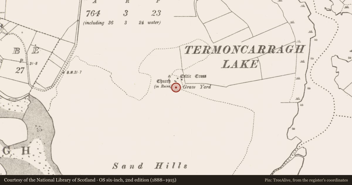 Ordnance Survey six-inch map, 2nd edition (1888–1915) covering the location of Enclosure, Tearmann Caithreach, County Mayo, with a pin at the register's coordinates