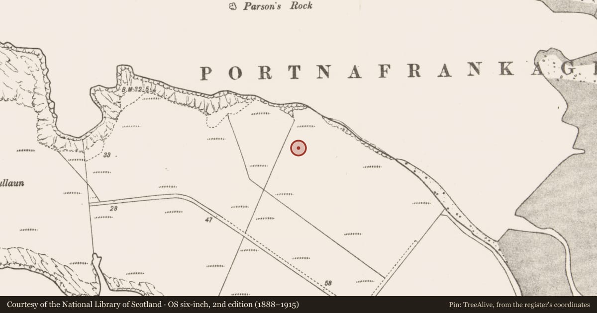 Ordnance Survey six-inch map, 2nd edition (1888–1915) covering the location of Hut site, An Teanach, County Mayo, with a pin at the register's coordinates
