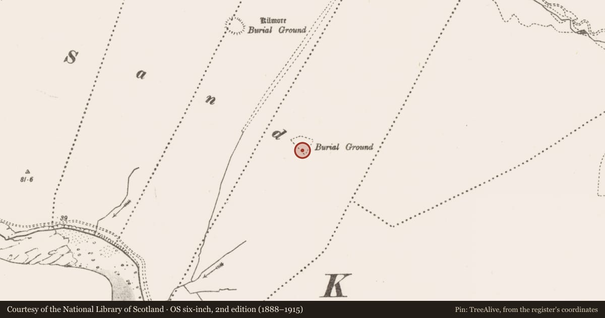 Ordnance Survey six-inch map, 2nd edition (1888–1915) covering the location of Children's burial ground, An Ard Eoghain, County Mayo, with a pin at the register's coordinates