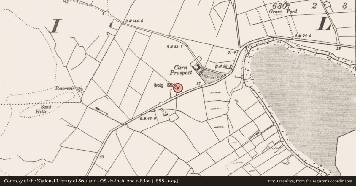 Ordnance Survey six-inch map, 2nd edition (1888–1915) covering the location of Ritual site - holy well, An Carn (Fowler), County Mayo, with a pin at the register's coordinates