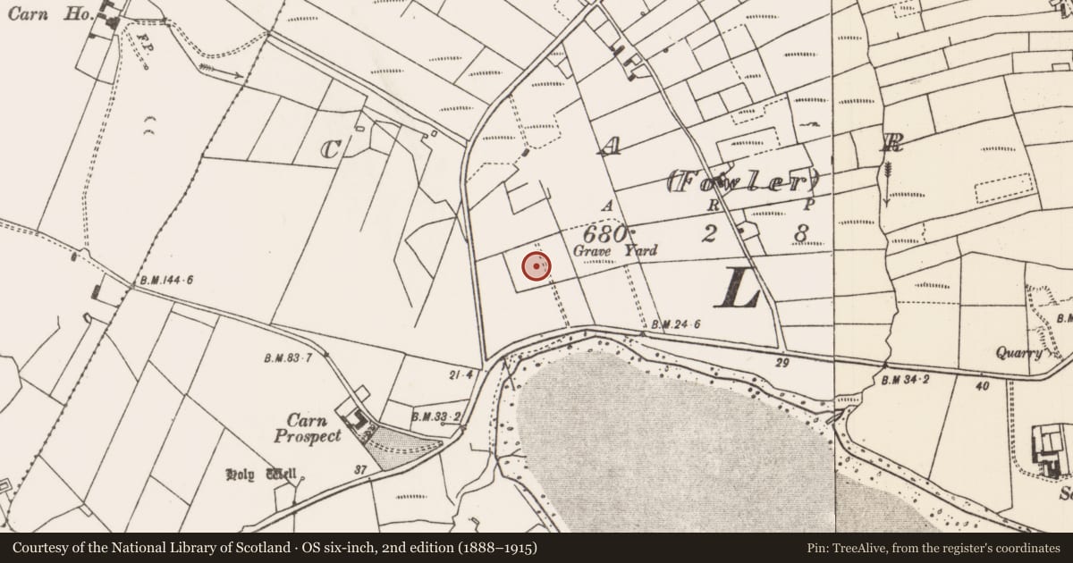 Ordnance Survey six-inch map, 2nd edition (1888–1915) covering the location of Burial ground, An Carn (Fowler), County Mayo, with a pin at the register's coordinates