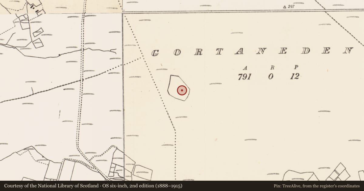 Ordnance Survey six-inch map, 2nd edition (1888–1915) covering the location of Crannog, Gort An Éadain, County Mayo, with a pin at the register's coordinates