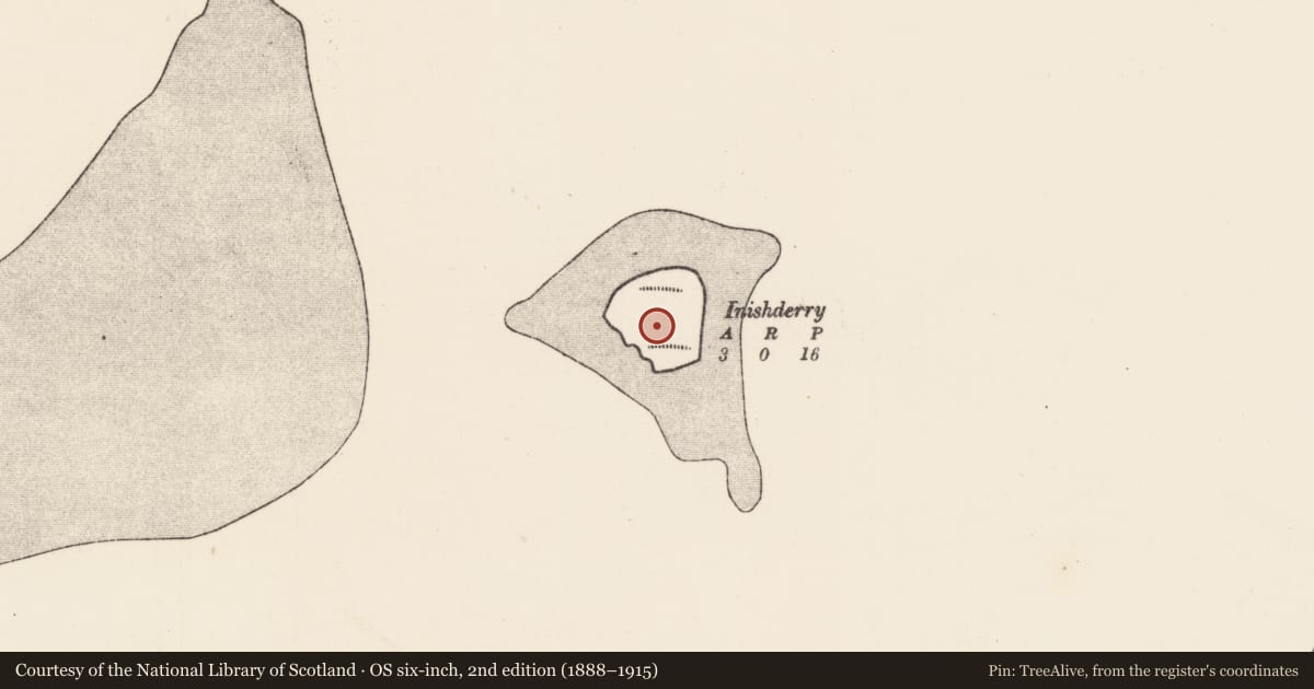 Ordnance Survey six-inch map, 2nd edition (1888–1915) covering the location of Midden, Inis Doire, County Mayo, with a pin at the register's coordinates
