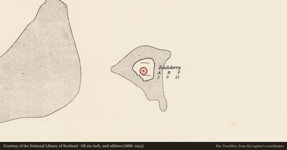 Ordnance Survey six-inch map, 2nd edition (1888–1915) covering the location of Stone sculpture, Inis Doire, County Mayo, with a pin at the register's coordinates
