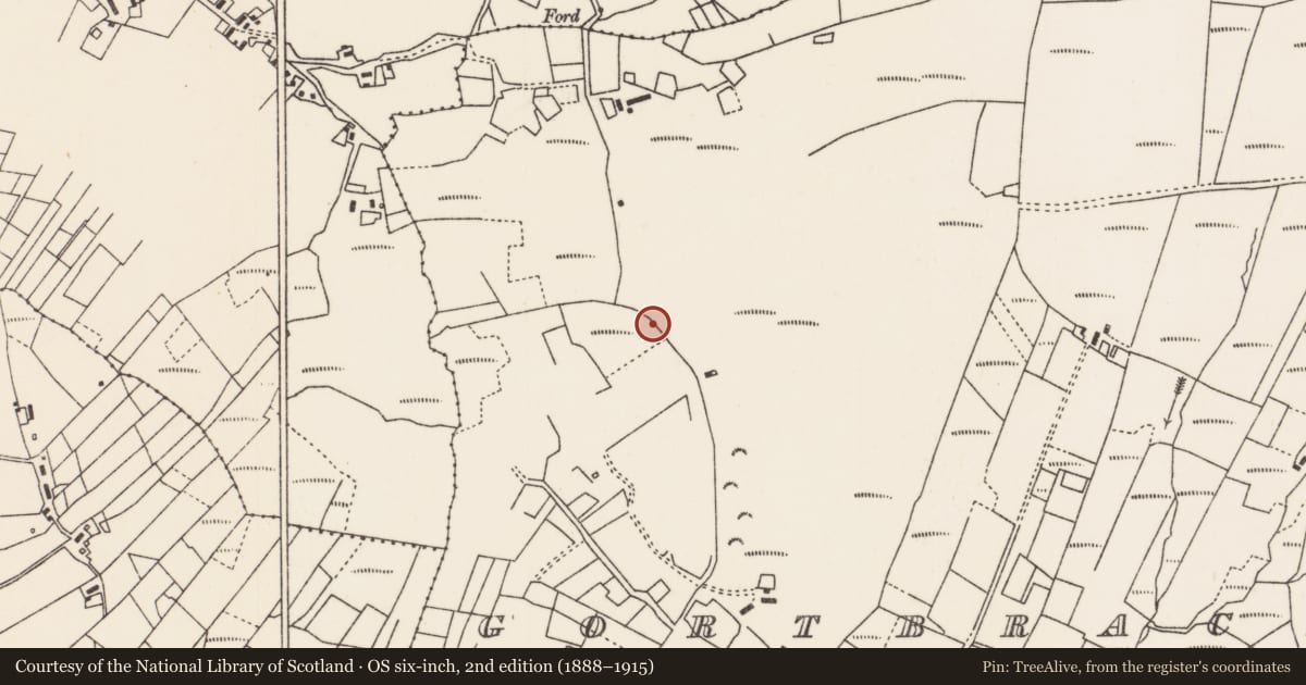 Ordnance Survey six-inch map, 2nd edition (1888–1915) covering the location of Children's burial ground, An Gort Breac Thuaidh, County Mayo, with a pin at the register's coordinates