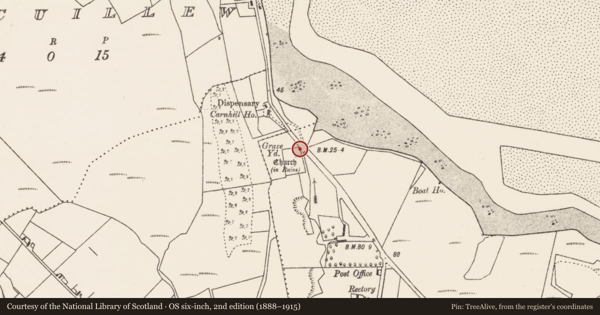 Ordnance Survey six-inch map, 2nd edition (1888–1915) covering the location of Church, Cill Chomáin Nó Poll An Tsómais, County Mayo, with a pin at the register's coordinates