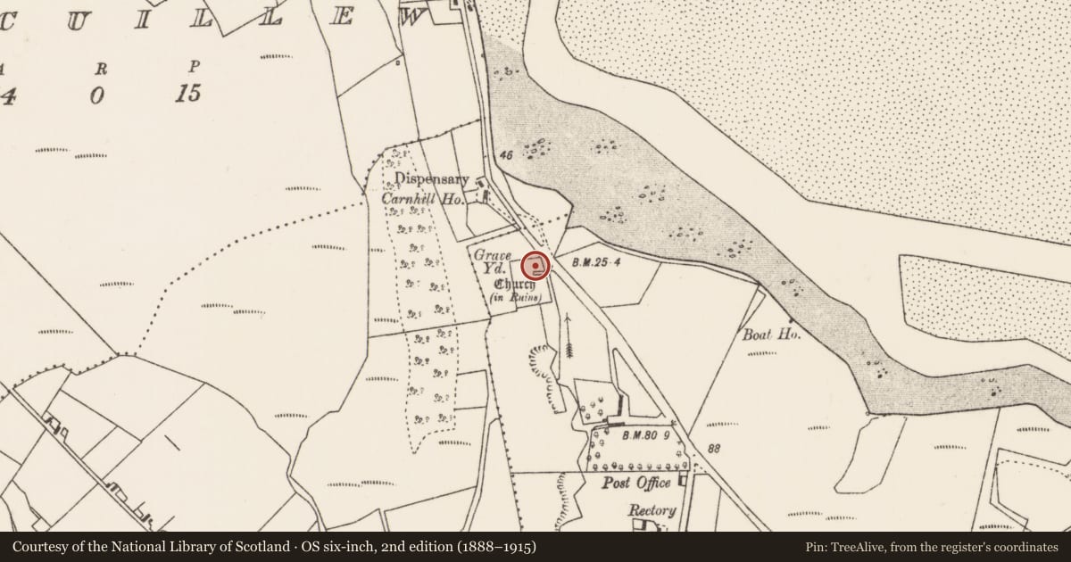 Ordnance Survey six-inch map, 2nd edition (1888–1915) covering the location of Graveyard, Cill Chomáin Nó Poll An Tsómais, County Mayo, with a pin at the register's coordinates