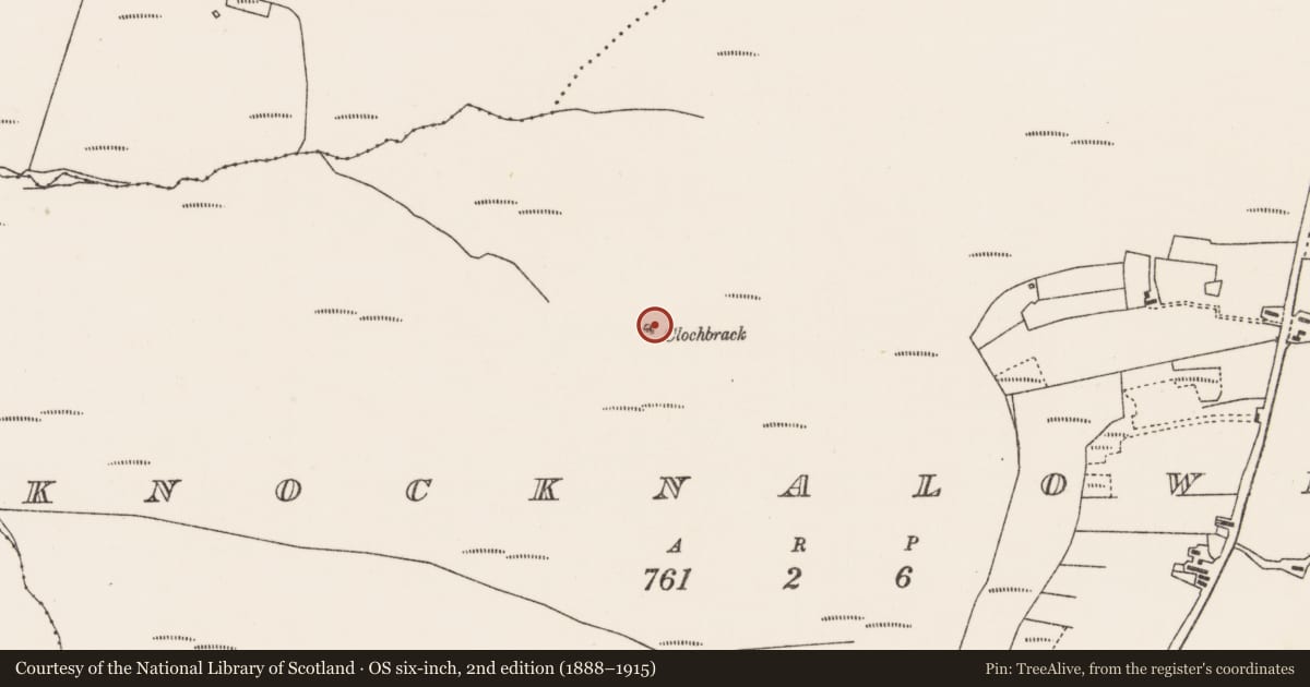 Ordnance Survey six-inch map, 2nd edition (1888–1915) covering the location of Megalithic tomb - portal tomb, Cnoc Na Lobhar, County Mayo, with a pin at the register's coordinates
