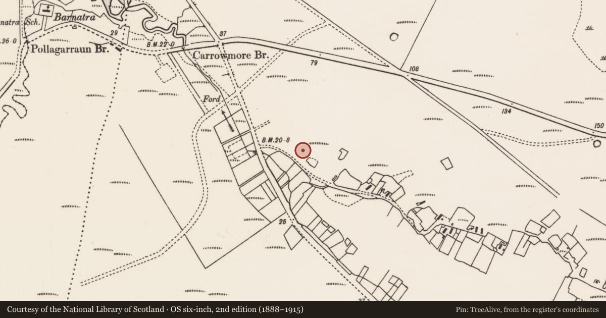 Ordnance Survey six-inch map, 2nd edition (1888–1915) covering the location of Enclosure, An Cheathrú Mhór, County Mayo, with a pin at the register's coordinates
