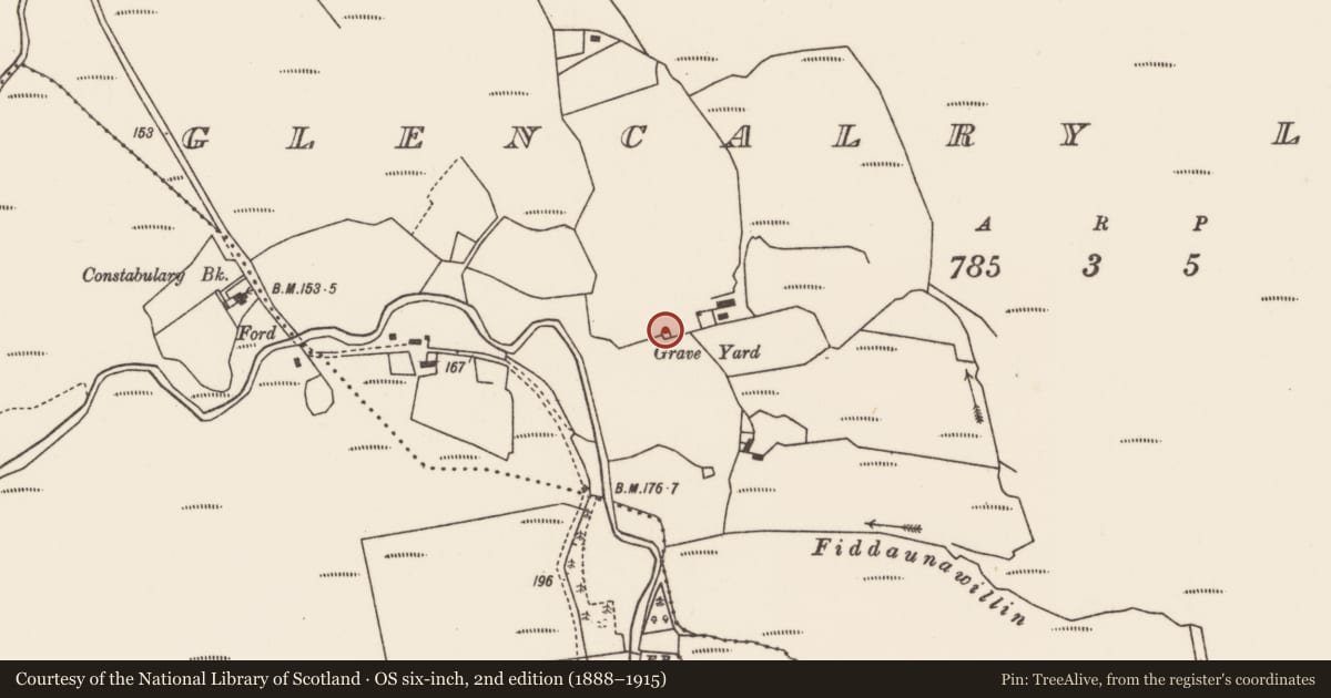 Ordnance Survey six-inch map, 2nd edition (1888–1915) covering the location of Church, Gleann Chalraí Íochtarach, County Mayo, with a pin at the register's coordinates