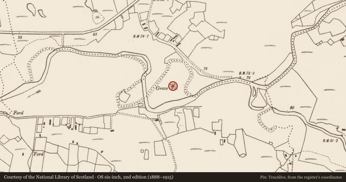 Ordnance Survey six-inch map, 2nd edition (1888–1915) covering the location of Children's burial ground, An Léana Riabhach, County Mayo, with a pin at the register's coordinates
