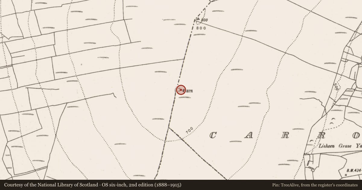 Ordnance Survey six-inch map, 2nd edition (1888–1915) covering the location of Cairn - unclassified, Ballinglen, Carrowcuilleen, County Mayo, with a pin at the register's coordinates