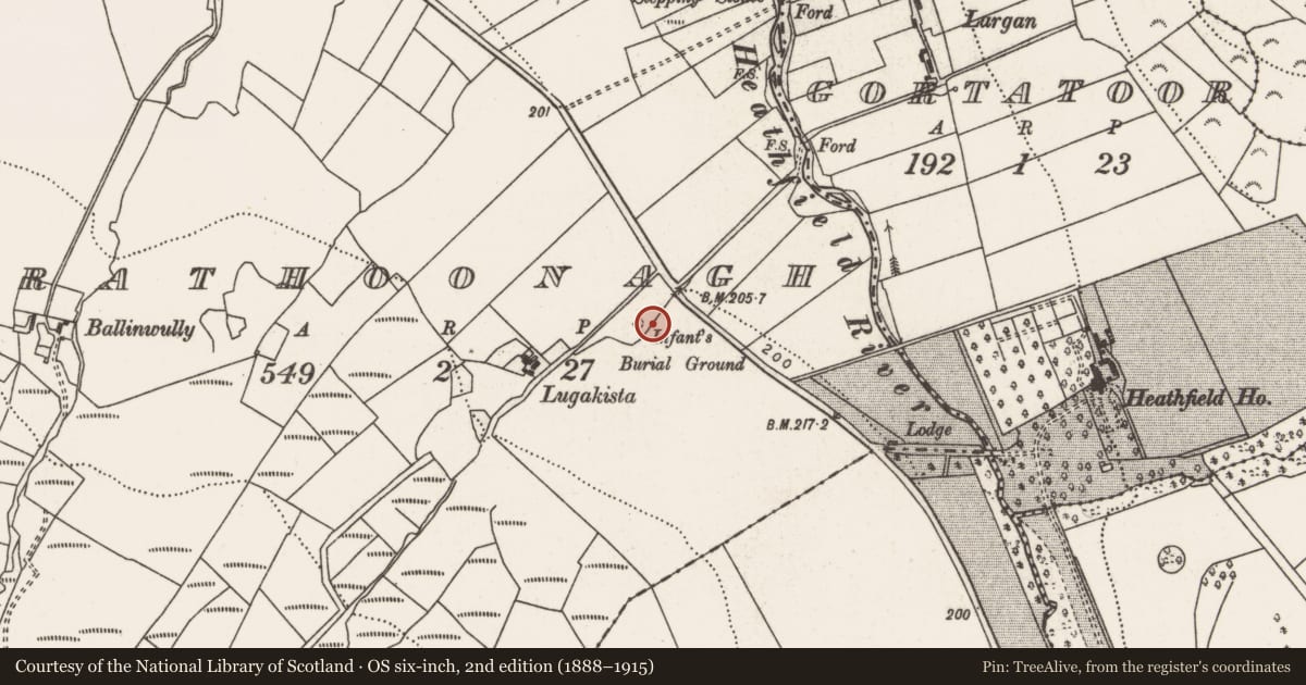 Ordnance Survey six-inch map, 2nd edition (1888–1915) covering the location of Children's burial ground, Rathoonagh, County Mayo, with a pin at the register's coordinates