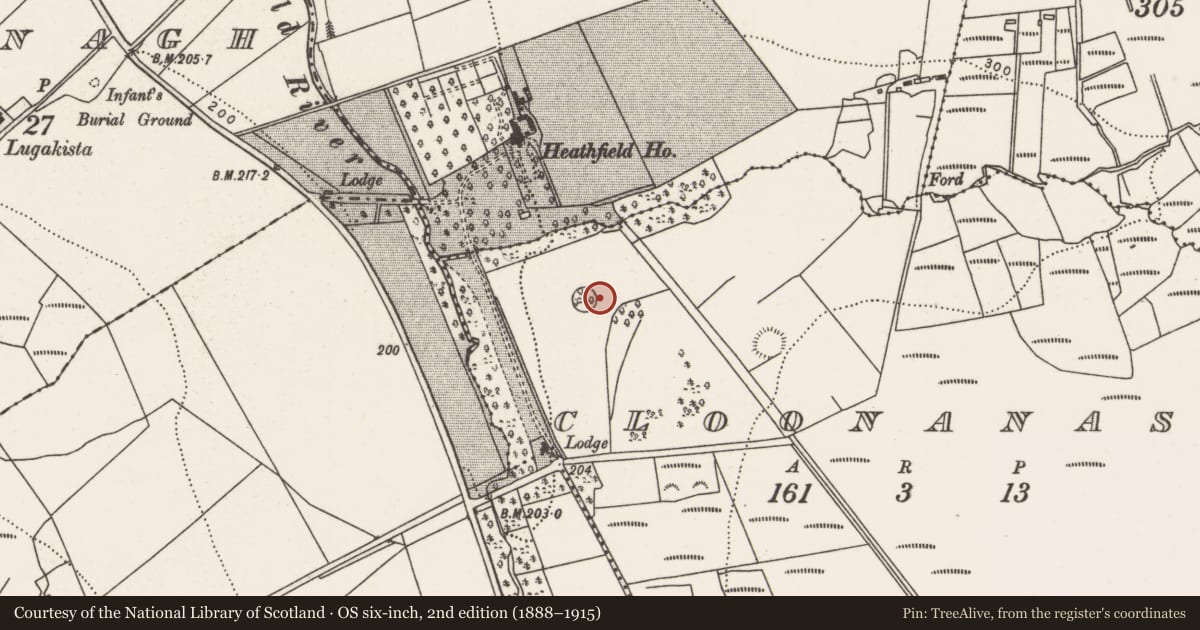 Ordnance Survey six-inch map, 2nd edition (1888–1915) covering the location of Enclosure, Cloonanass, County Mayo, with a pin at the register's coordinates
