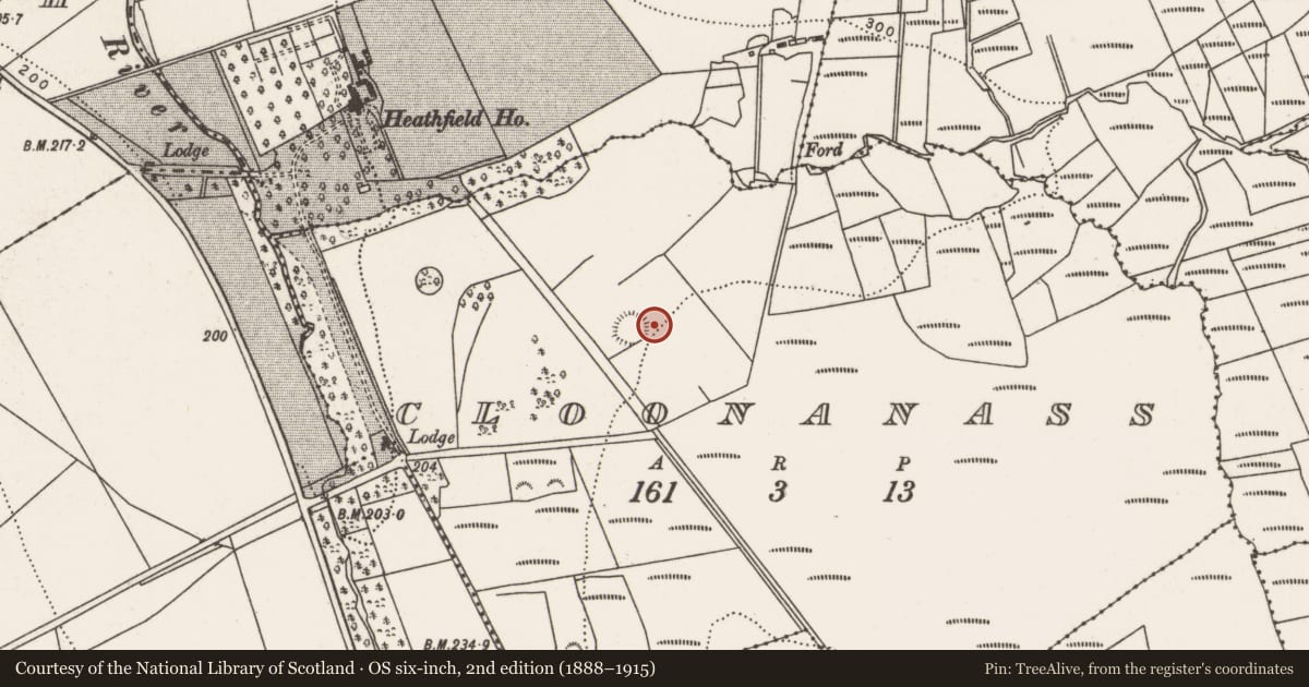 Ordnance Survey six-inch map, 2nd edition (1888–1915) covering the location of Souterrain, Cloonanass, County Mayo, with a pin at the register's coordinates