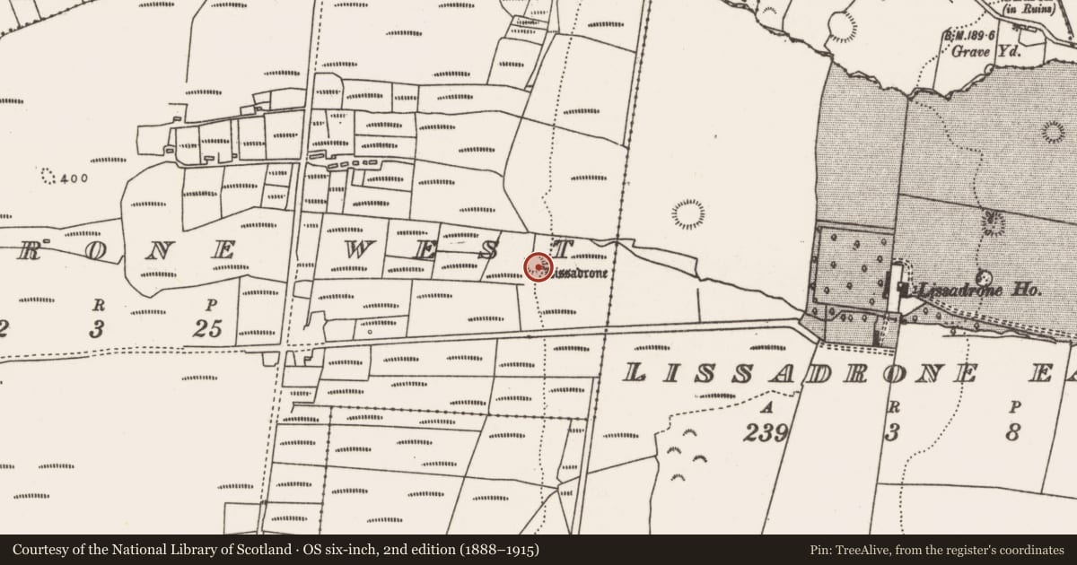 Ordnance Survey six-inch map, 2nd edition (1888–1915) covering the location of Ringfort - rath, Lissadrone West, County Mayo, with a pin at the register's coordinates