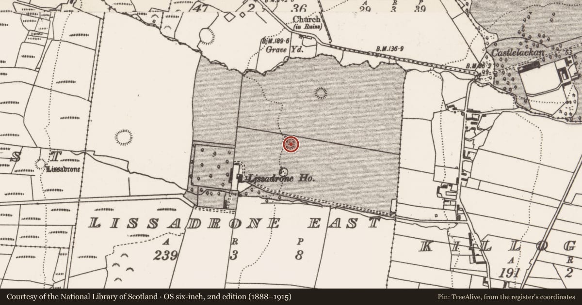 Ordnance Survey six-inch map, 2nd edition (1888–1915) covering the location of Ringfort - rath, Lissadrone East, County Mayo, with a pin at the register's coordinates