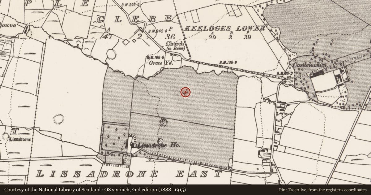Ordnance Survey six-inch map, 2nd edition (1888–1915) covering the location of Ringfort - rath, Lissadrone East, County Mayo, with a pin at the register's coordinates