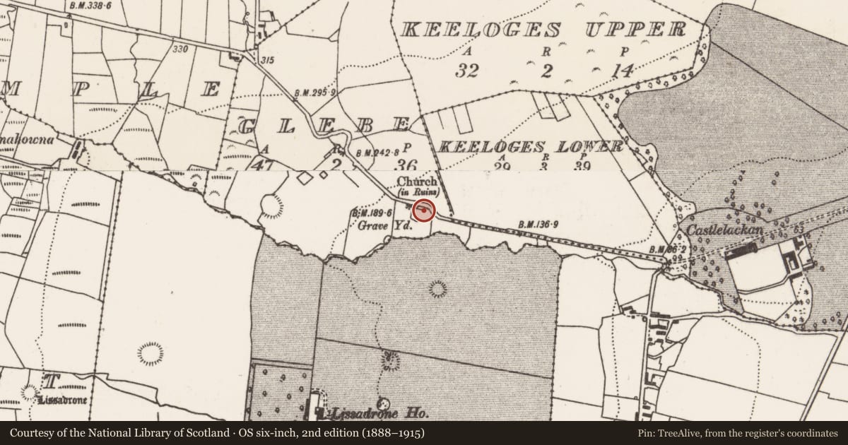 Ordnance Survey six-inch map, 2nd edition (1888–1915) covering the location of Church, Glebe (Tirawley By., Lackan Par.), County Mayo, with a pin at the register's coordinates