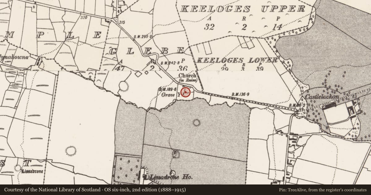 Ordnance Survey six-inch map, 2nd edition (1888–1915) covering the location of Graveyard, Glebe (Tirawley By., Lackan Par.), County Mayo, with a pin at the register's coordinates