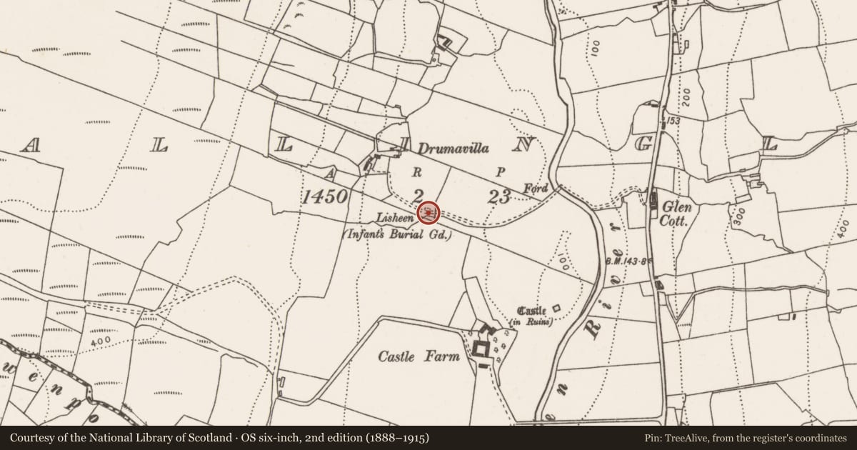 Ordnance Survey six-inch map, 2nd edition (1888–1915) covering the location of Children's burial ground, Ballinglen, County Mayo, with a pin at the register's coordinates