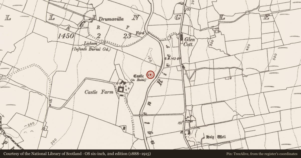 Ordnance Survey six-inch map, 2nd edition (1888–1915) covering the location of Castle - tower house, Ballinglen, County Mayo, with a pin at the register's coordinates