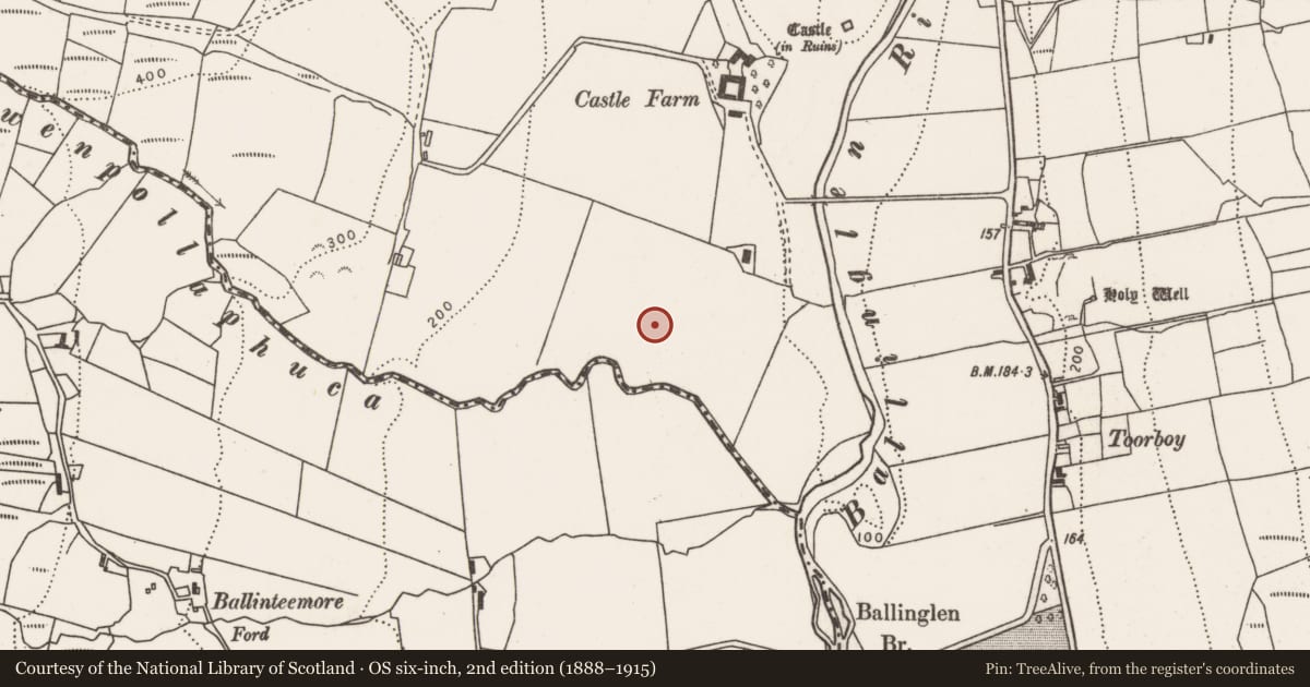 Ordnance Survey six-inch map, 2nd edition (1888–1915) covering the location of Enclosure, Ballinglen, County Mayo, with a pin at the register's coordinates