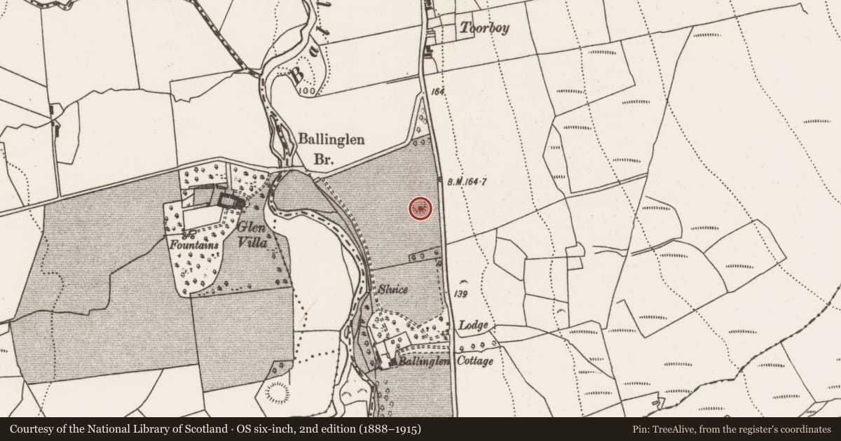 Ordnance Survey six-inch map, 2nd edition (1888–1915) covering the location of Ringfort - rath, Ballinglen, County Mayo, with a pin at the register's coordinates
