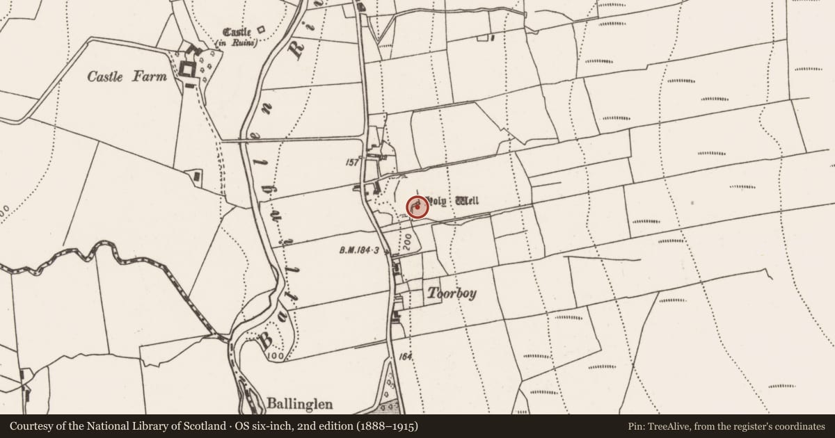 Ordnance Survey six-inch map, 2nd edition (1888–1915) covering the location of Ritual site - holy well, Ballinglen, County Mayo, with a pin at the register's coordinates