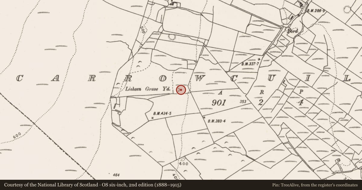 Ordnance Survey six-inch map, 2nd edition (1888–1915) covering the location of Children's burial ground, Carrowcuilleen, County Mayo, with a pin at the register's coordinates