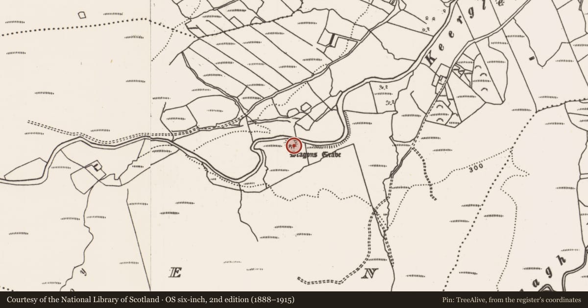 Ordnance Survey six-inch map, 2nd edition (1888–1915) covering the location of Souterrain, Keerglen, County Mayo, with a pin at the register's coordinates
