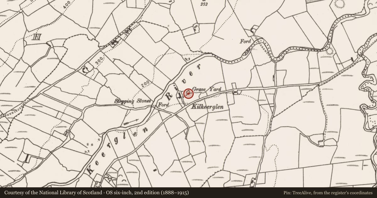Ordnance Survey six-inch map, 2nd edition (1888–1915) covering the location of Burial ground, Keerglen, County Mayo, with a pin at the register's coordinates