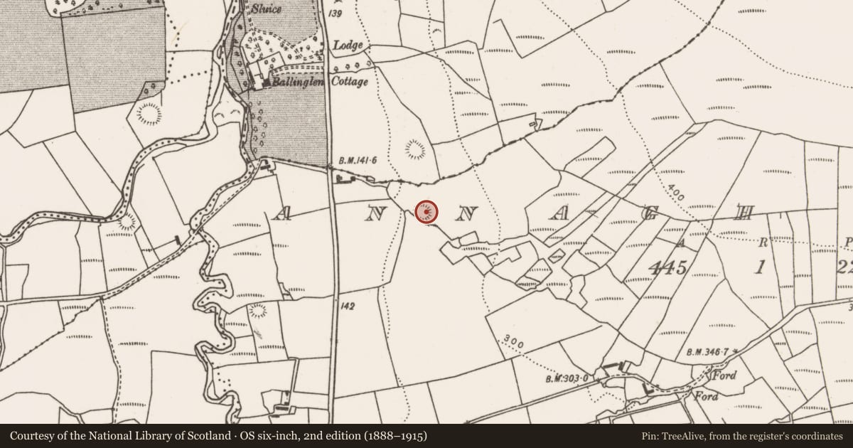 Ordnance Survey six-inch map, 2nd edition (1888–1915) covering the location of Enclosure, Annagh More, County Mayo, with a pin at the register's coordinates