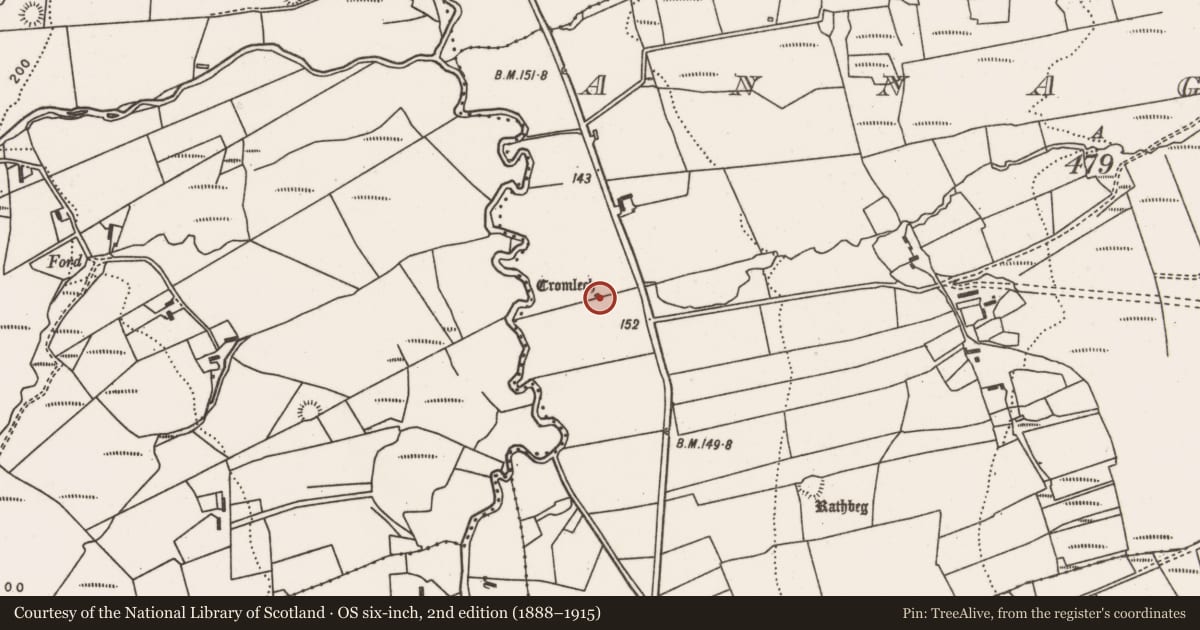 Ordnance Survey six-inch map, 2nd edition (1888–1915) covering the location of Megalithic structure, Annagh Beg, County Mayo, with a pin at the register's coordinates