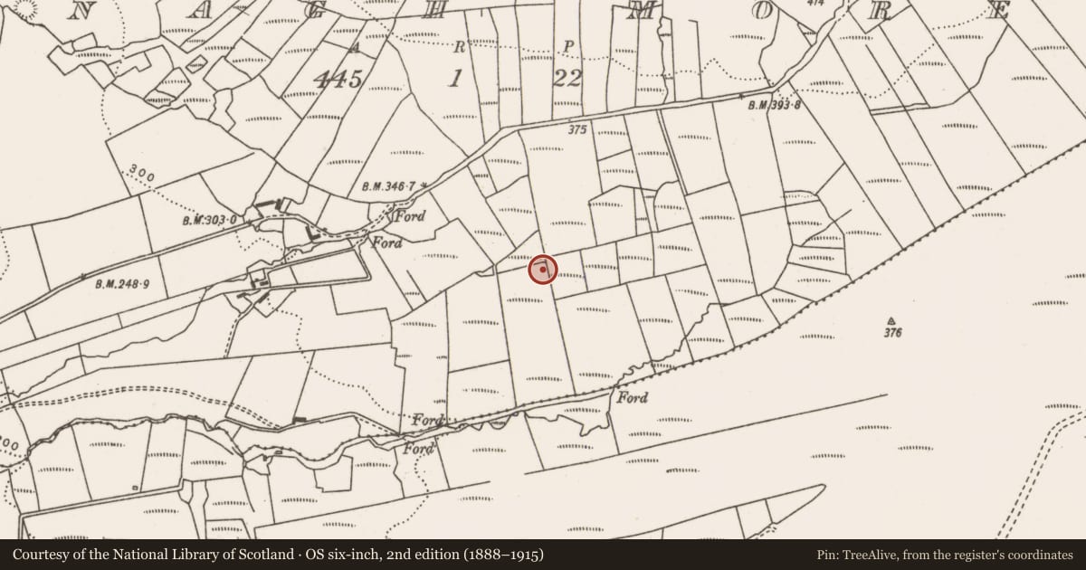 Ordnance Survey six-inch map, 2nd edition (1888–1915) covering the location of Megalithic tomb - court tomb, Annagh More, County Mayo, with a pin at the register's coordinates