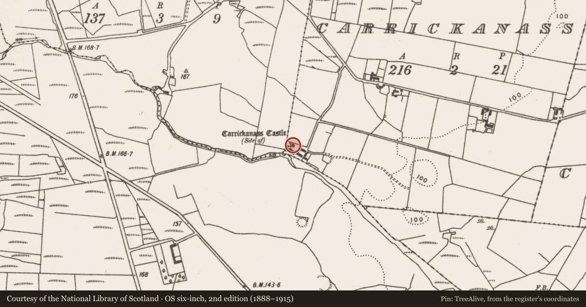 Ordnance Survey six-inch map, 2nd edition (1888–1915) covering the location of Castle - unclassified, Carrickanass, County Mayo, with a pin at the register's coordinates