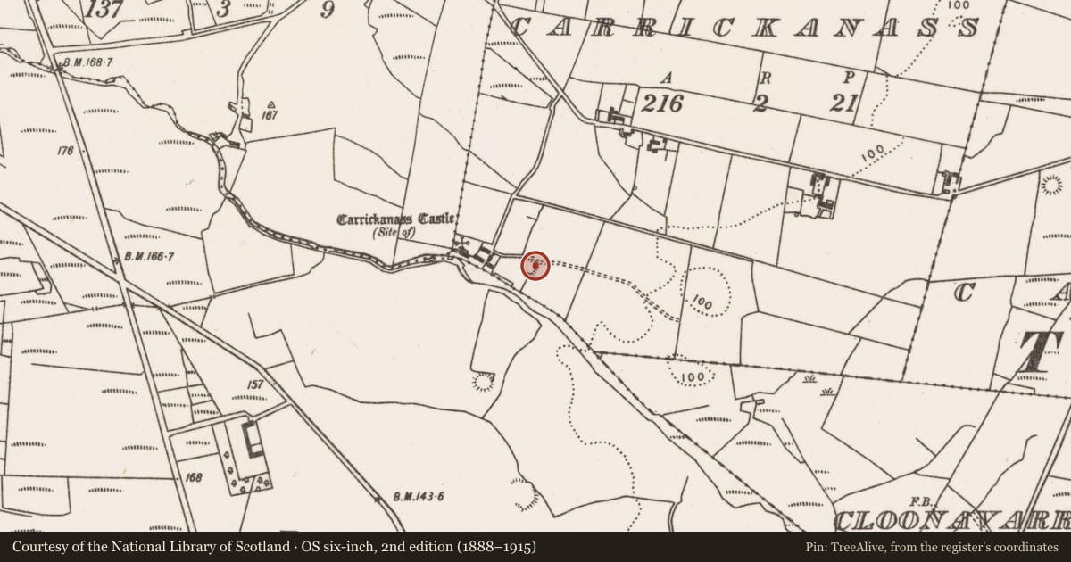 Ordnance Survey six-inch map, 2nd edition (1888–1915) covering the location of Ringfort - rath, Carrickanass, County Mayo, with a pin at the register's coordinates