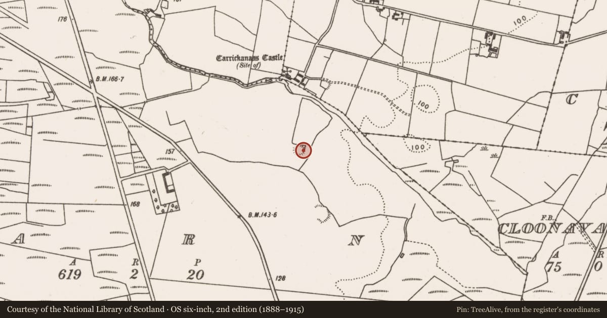 Ordnance Survey six-inch map, 2nd edition (1888–1915) covering the location of Ringfort - rath, Carn (Tirawley By., Lackan Par.), County Mayo, with a pin at the register's coordinates