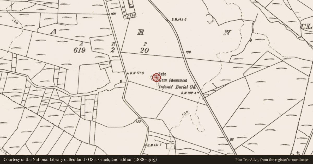 Ordnance Survey six-inch map, 2nd edition (1888–1915) covering the location of Cairn - unclassified, Carn (Tirawley By., Lackan Par.), County Mayo, with a pin at the register's coordinates
