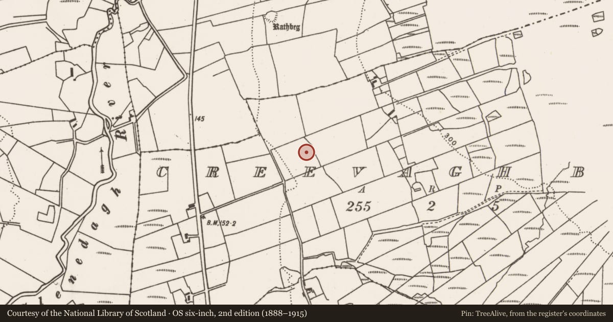 Ordnance Survey six-inch map, 2nd edition (1888–1915) covering the location of Ringfort - rath, Creevagh Beg, County Mayo, with a pin at the register's coordinates