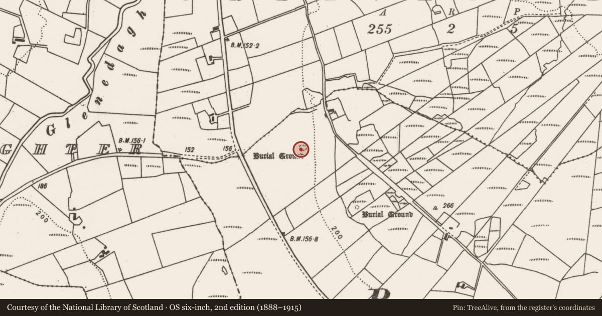 Ordnance Survey six-inch map, 2nd edition (1888–1915) covering the location of Megalithic tomb - court tomb, Creevagh More, County Mayo, with a pin at the register's coordinates