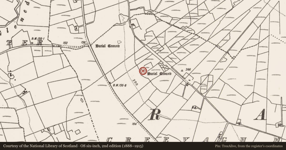 Ordnance Survey six-inch map, 2nd edition (1888–1915) covering the location of Megalithic tomb - court tomb, Creevagh More, County Mayo, with a pin at the register's coordinates