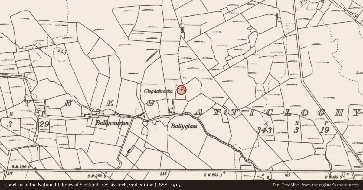 Ordnance Survey six-inch map, 2nd edition (1888–1915) covering the location of Megalithic tomb - court tomb, Ballybeg (Tirawley By., Rathreagh Par.), County Mayo, with a pin at the register's coordinates