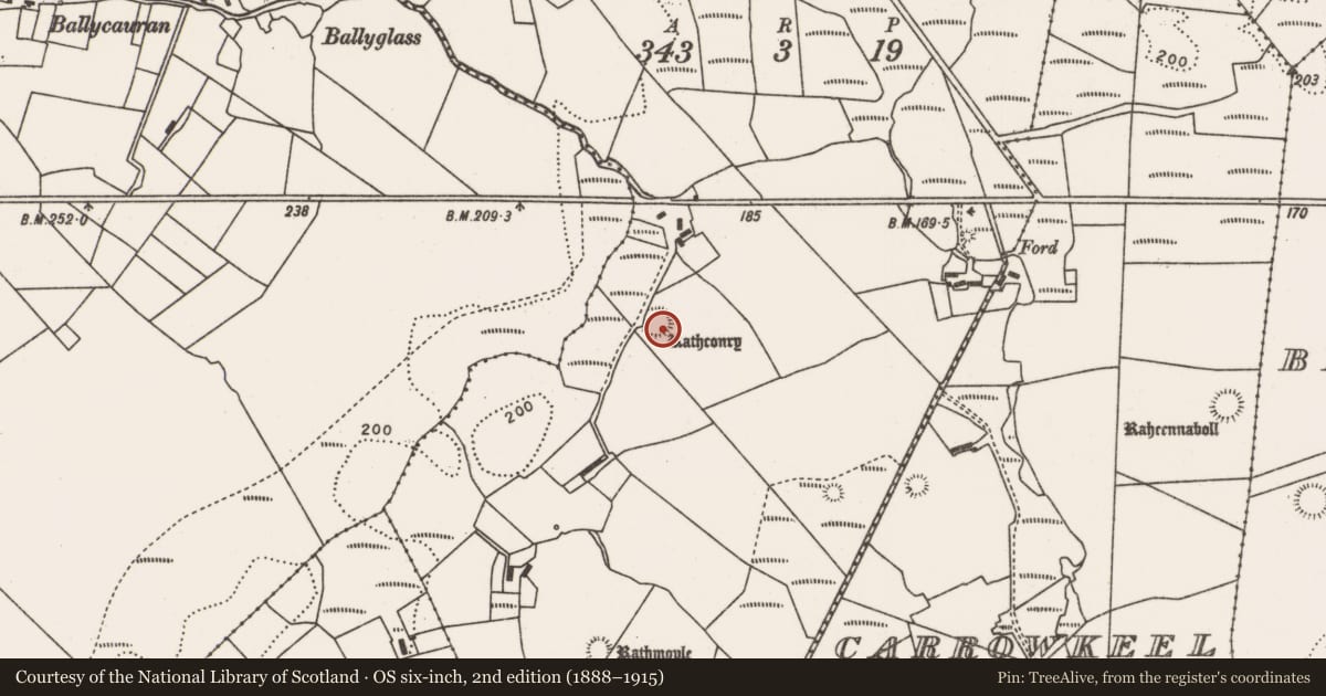 Ordnance Survey six-inch map, 2nd edition (1888–1915) covering the location of Ringfort - rath, Atticloghy, County Mayo, with a pin at the register's coordinates
