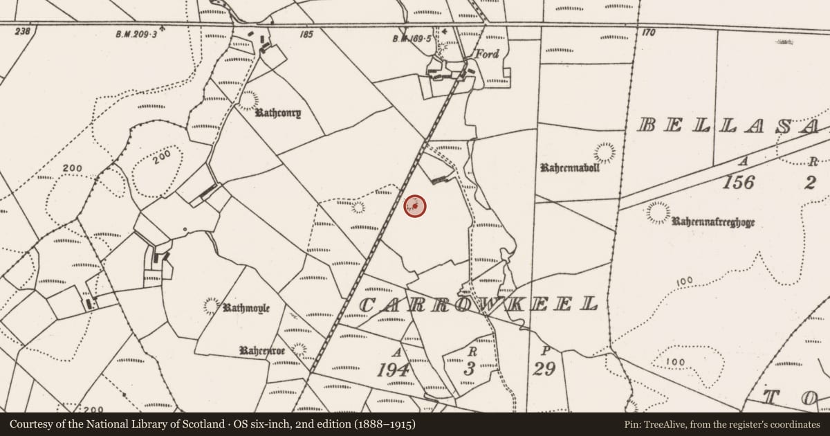 Ordnance Survey six-inch map, 2nd edition (1888–1915) covering the location of Mound, Carrowkeel (Tirawley By., Rathreagh Par.), County Mayo, with a pin at the register's coordinates