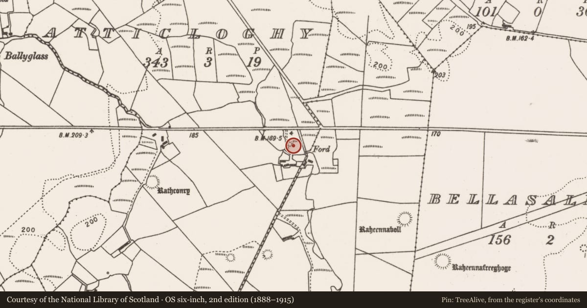 Ordnance Survey six-inch map, 2nd edition (1888–1915) covering the location of Mound, Atticloghy, County Mayo, with a pin at the register's coordinates