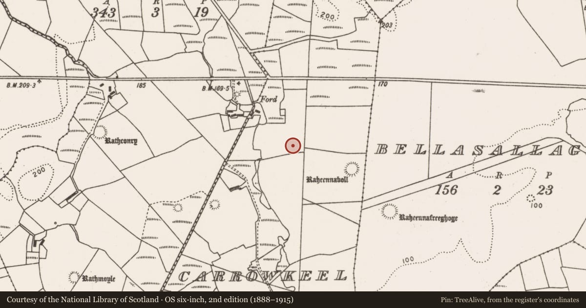 Ordnance Survey six-inch map, 2nd edition (1888–1915) covering the location of Ringfort - rath, Carrowkeel (Tirawley By., Rathreagh Par.), County Mayo, with a pin at the register's coordinates