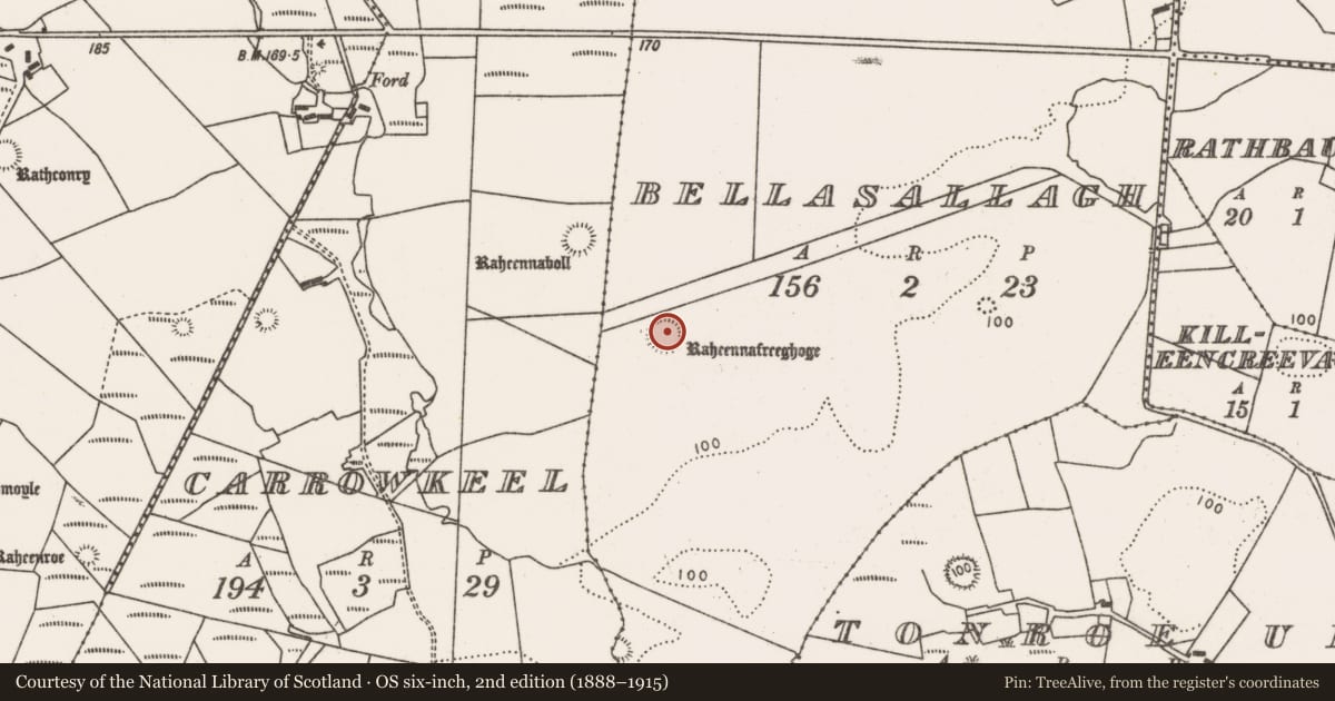 Ordnance Survey six-inch map, 2nd edition (1888–1915) covering the location of House - indeterminate date, Bellasallagh, County Mayo, with a pin at the register's coordinates