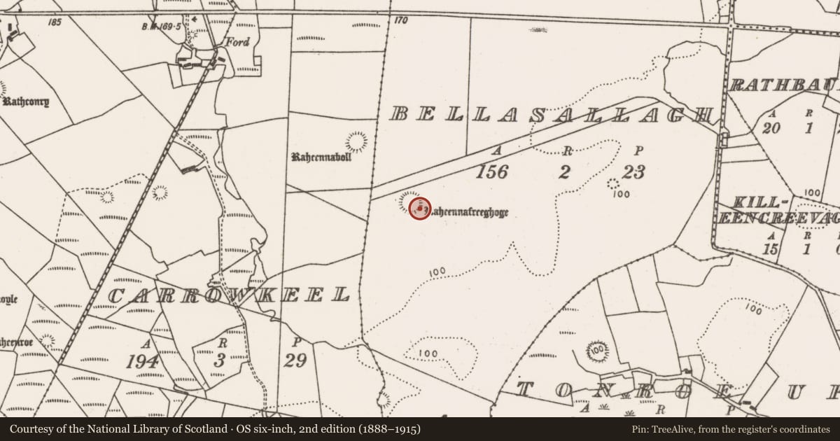 Ordnance Survey six-inch map, 2nd edition (1888–1915) covering the location of Souterrain, Bellasallagh, County Mayo, with a pin at the register's coordinates