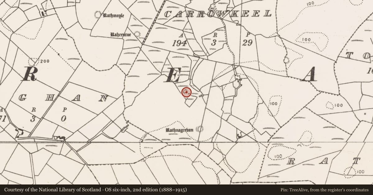 Ordnance Survey six-inch map, 2nd edition (1888–1915) covering the location of Barrow - bowl-barrow, Carrowkeel (Tirawley By., Rathreagh Par.), County Mayo, with a pin at the register's coordinates